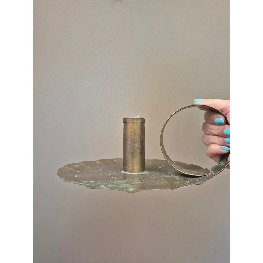 Vintage Large Brass Chamberstick Candle Holder Loop Handle Patina Taper 10.5